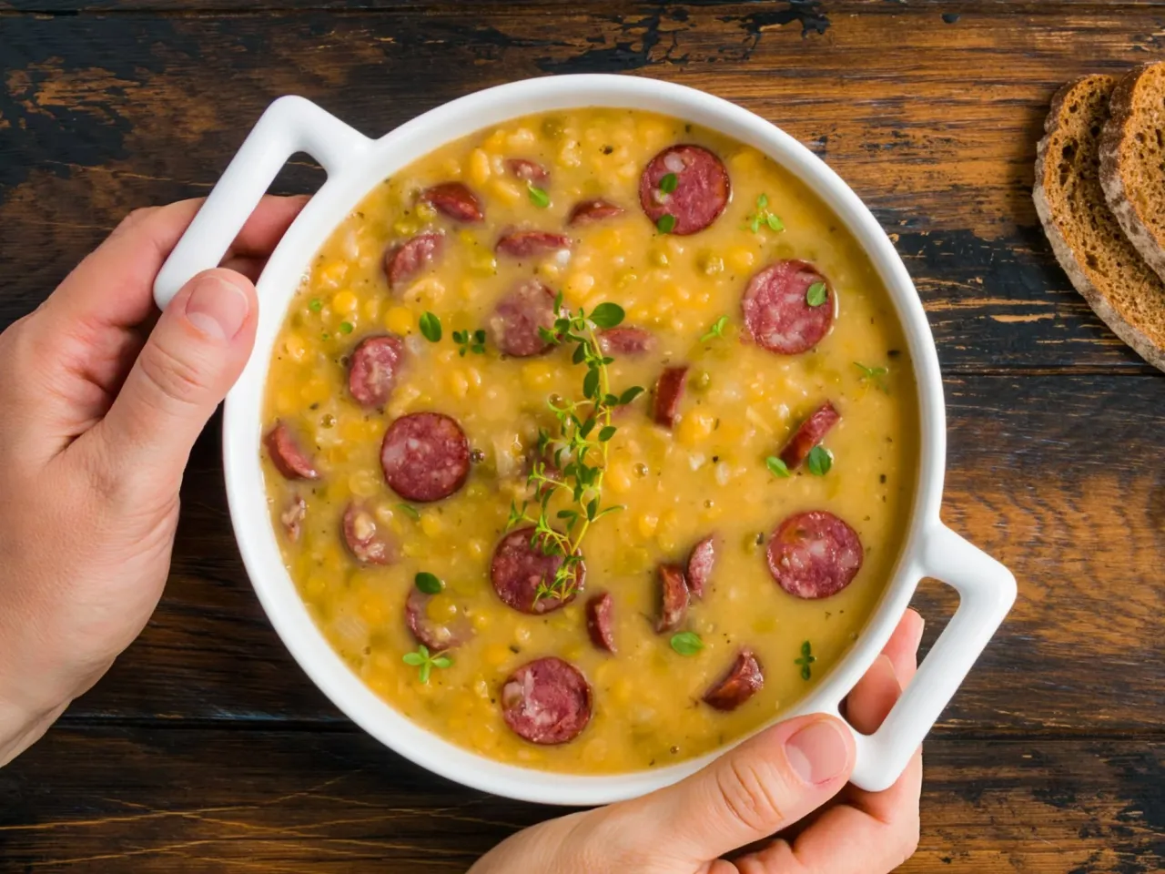 talerz zupy grochowej z majerankiem