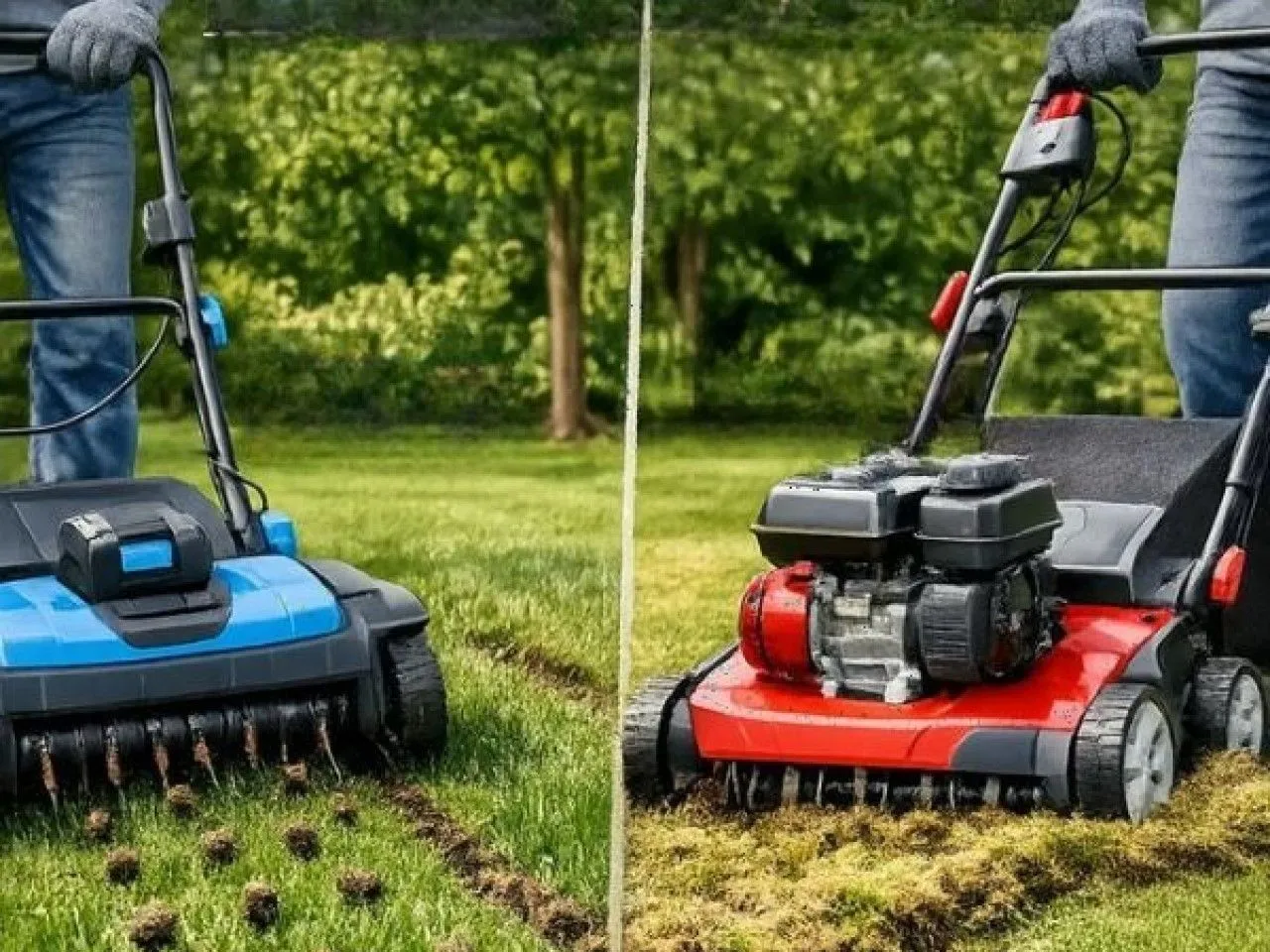 Dwa aeratory do trawnika w akcji: niebieski elektryczny i czerwony spalinowy, usuwające darń i napowietrzające glebę.