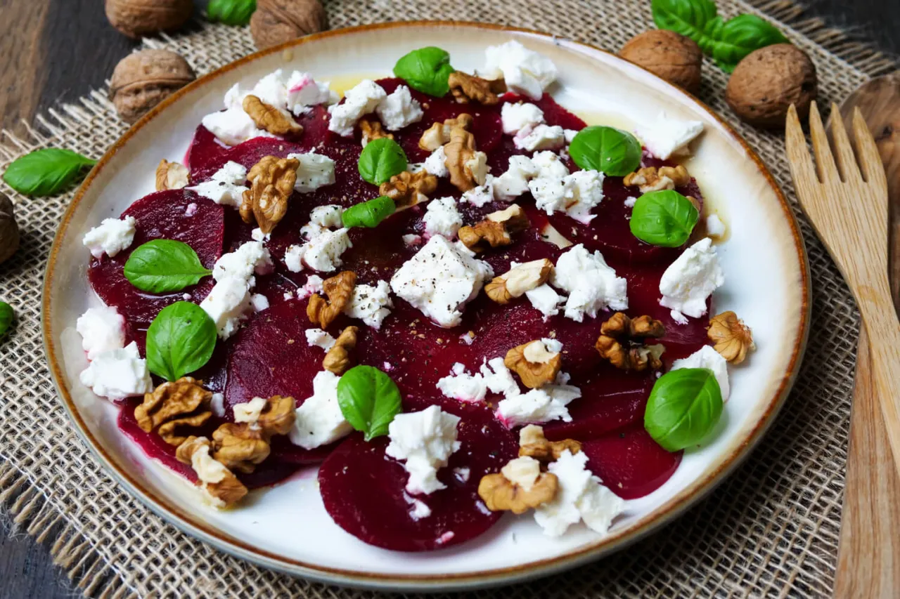 Klassischer Rote Bete Salat mit Feta und Waln&uuml;ssen in einer Sch&uuml;ssel
