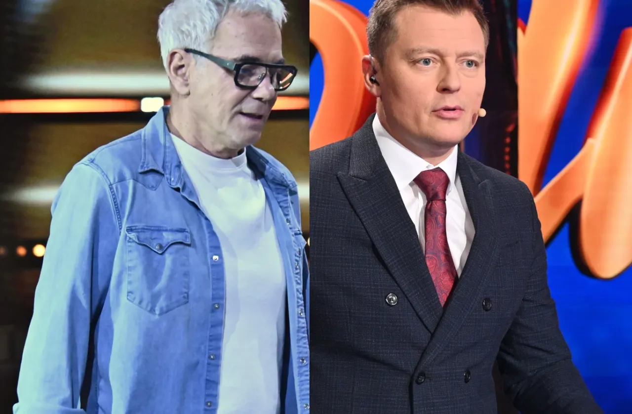 Rafał Brzozowski w garniturze i mężczyzna w jeansowej koszuli, być może z planu 