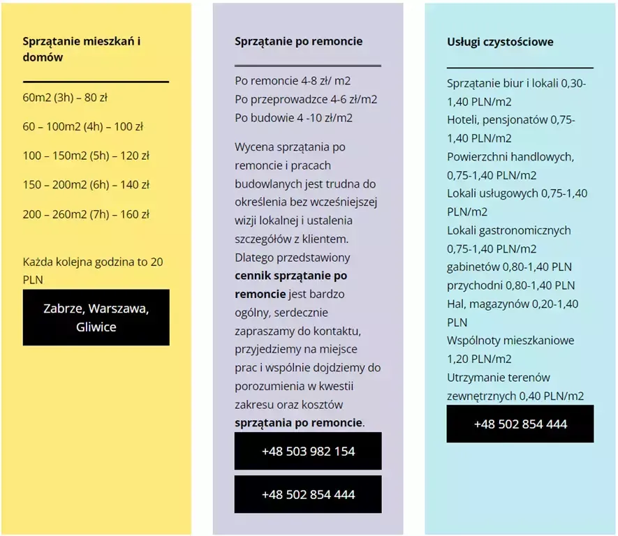 cennik usług sprzątania