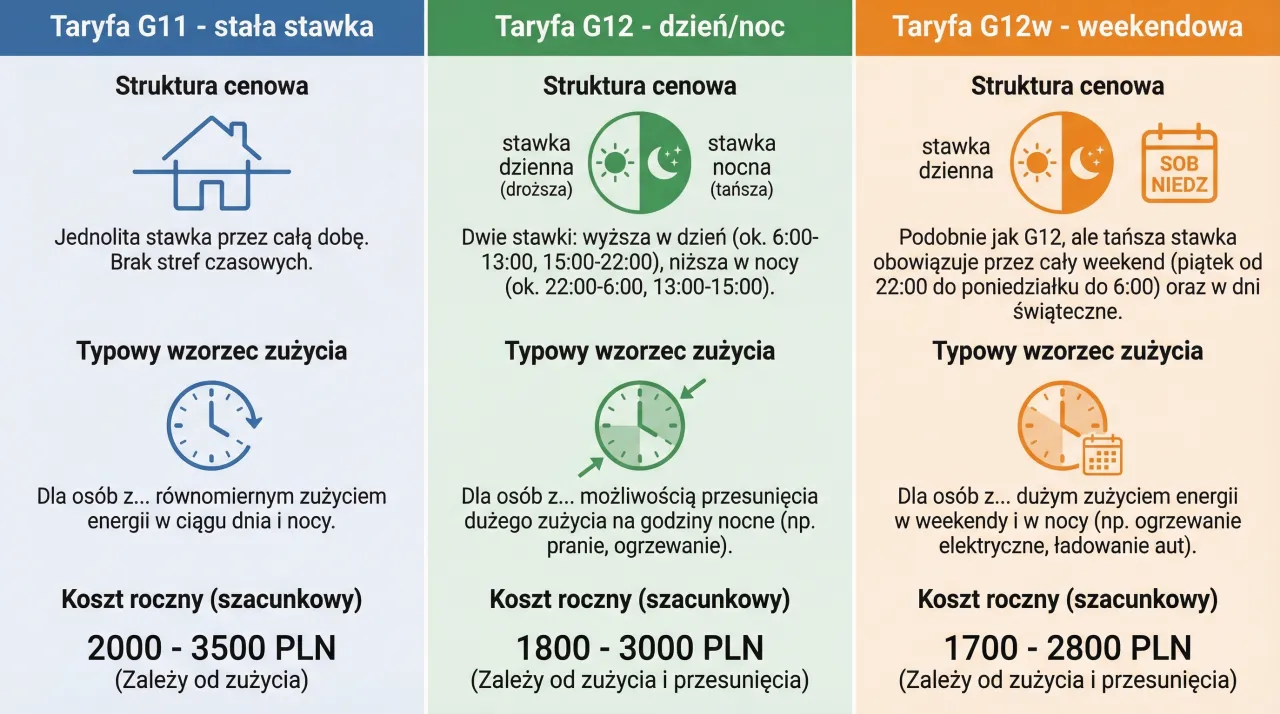 Por&oacute;wnanie taryf prądu: G11 (stała), G12 (dzień/noc), G12w (weekendowa). Dowiedz się, jak zmienić dostawcę prądu, wybierając najkorzystniejszą opcję.