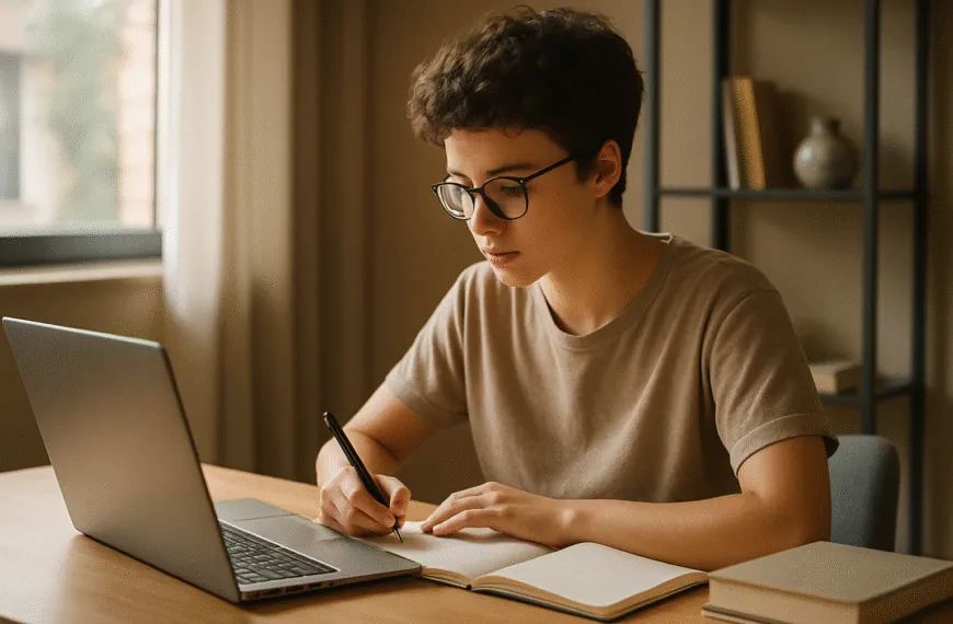 Osoba planująca rozwój osobisty z notatnikiem i laptopem