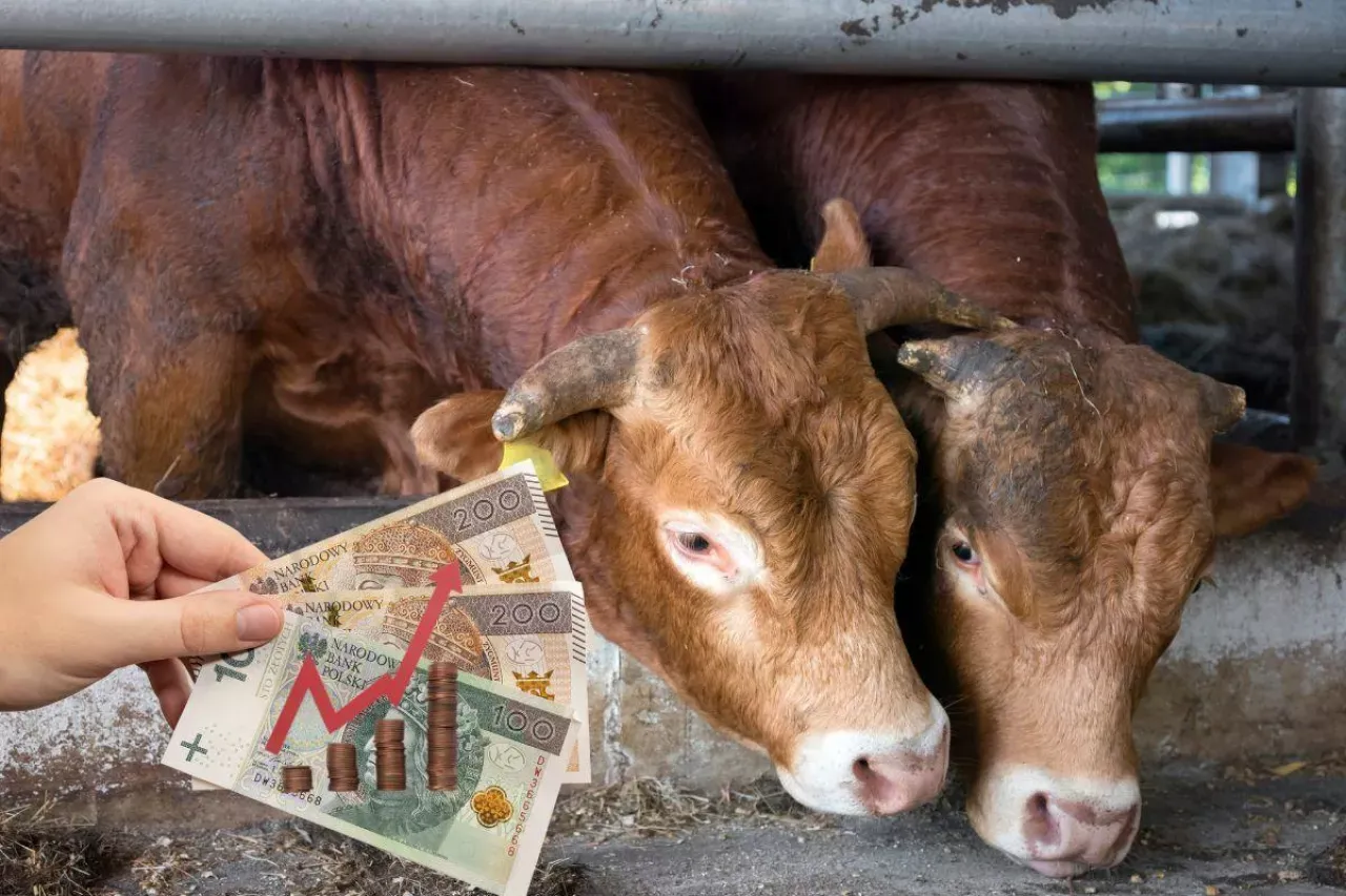 Dwie jał&oacute;wki w zagrodzie, w ręce trzymane polskie banknoty z wykresem wzrostu, symbolizujące ceny jał&oacute;wek.