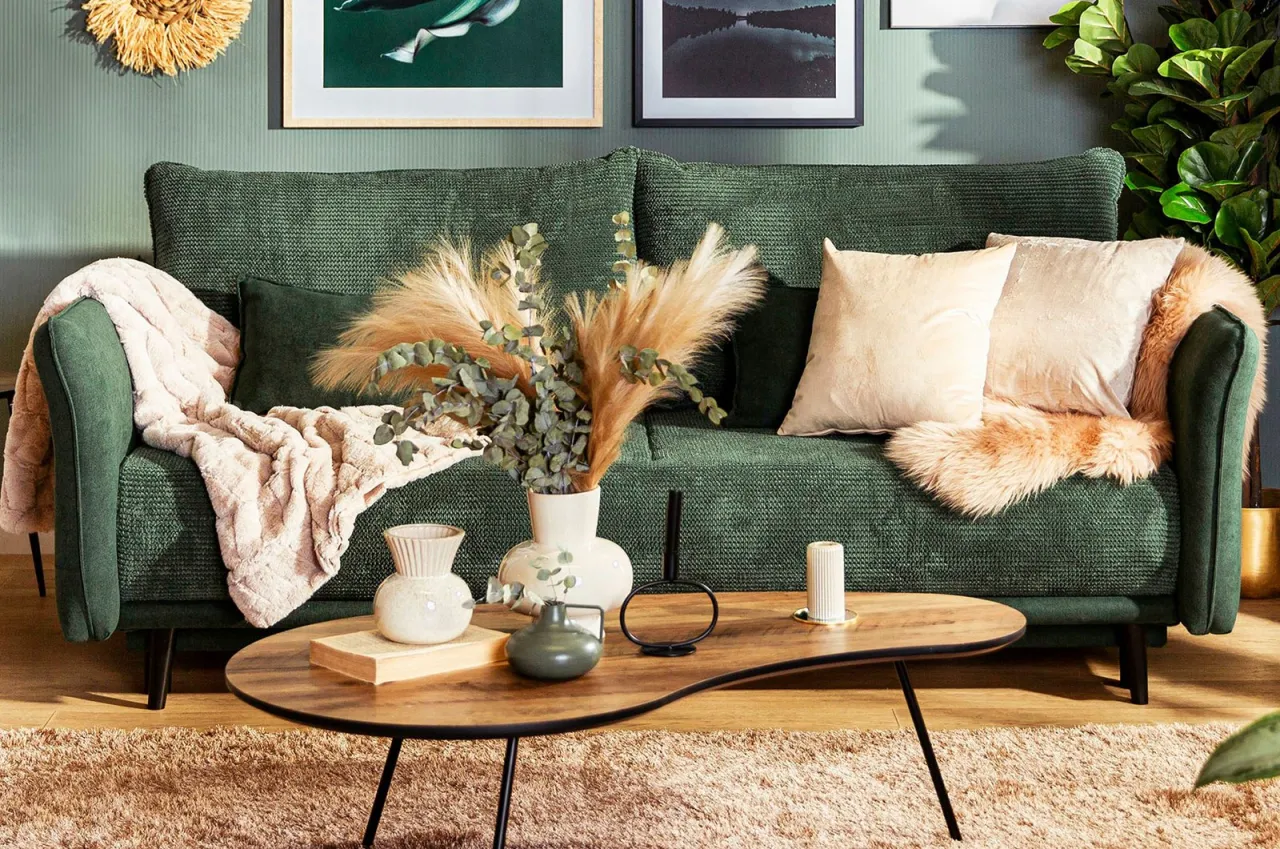 poduszki welurowe len boucle do zielonej kanapy