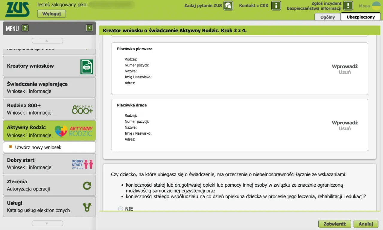 Rodzice składający wniosek ZUS online