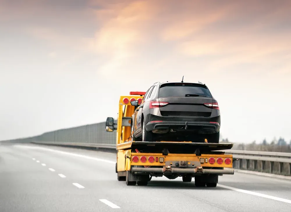 Holowanie pojazdu na autostradzie przez lawetę