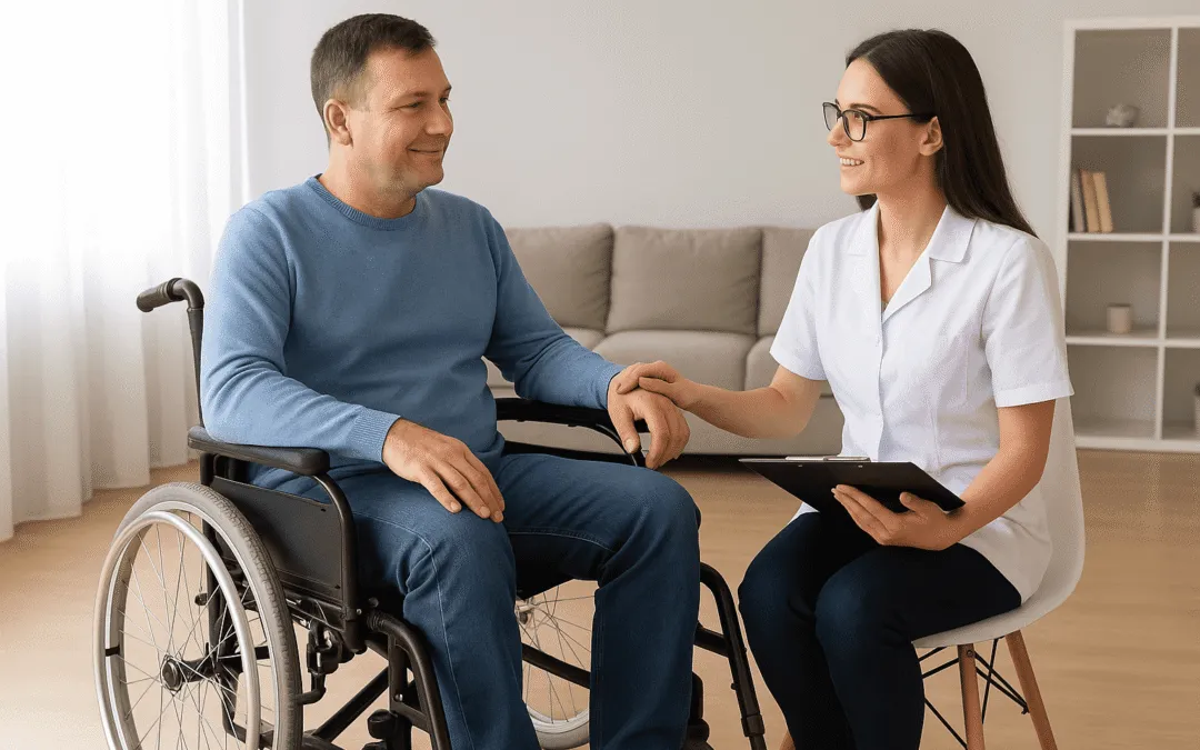 Osoba na wózku inwalidzkim wypełniająca dokumenty w urzędzie PCPR MOPR