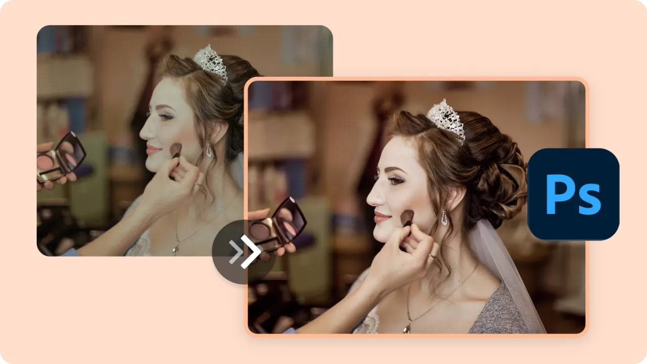 Przed i po: jak rozjaśnić zdjęcie w Photoshopie. Panna młoda z welonem i makijażem, poprawa jasności.