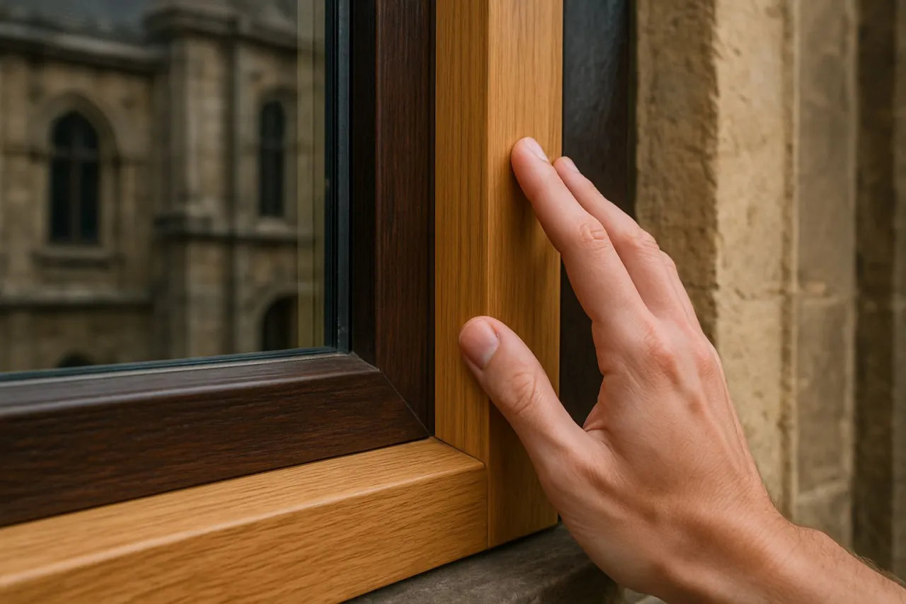 Dłoń dotyka dwukolorowej ramy okiennej. Czy okna dwukolorowe są droższe? Eleganckie połączenie brązu i jasnego drewna.