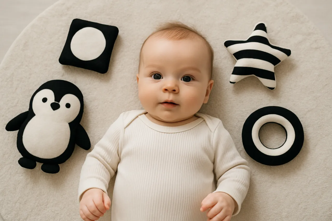 Dziecko bawi się kontrastowymi zabawkami