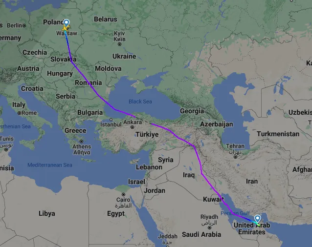 Mapa lotu bezpośredniego Polska Dubaj