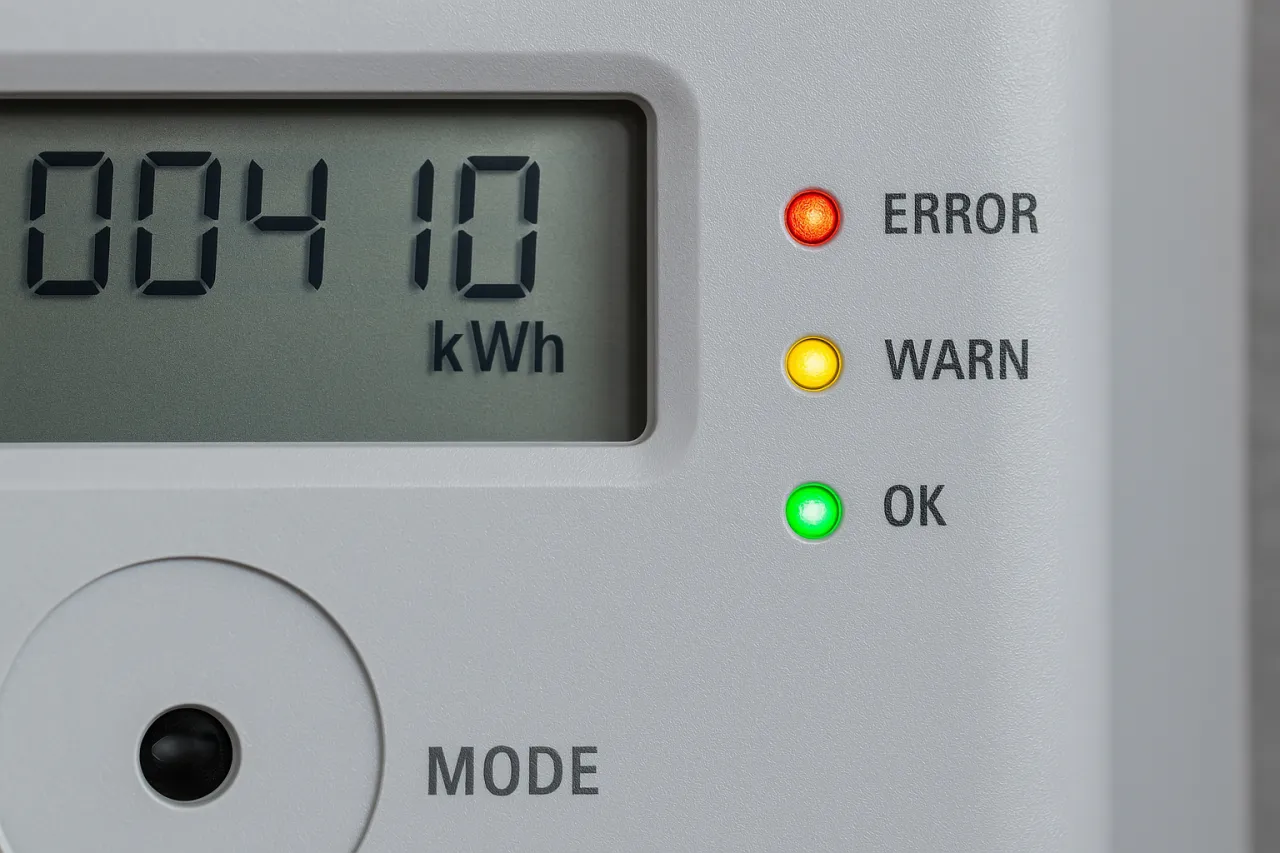 Cyfrowy licznik energii elektrycznej pokazuje 00410 kWh. Świecą się kontrolki ERROR (czerwona), WARN (żółta) i OK (zielona), wskazując stan urządzenia.