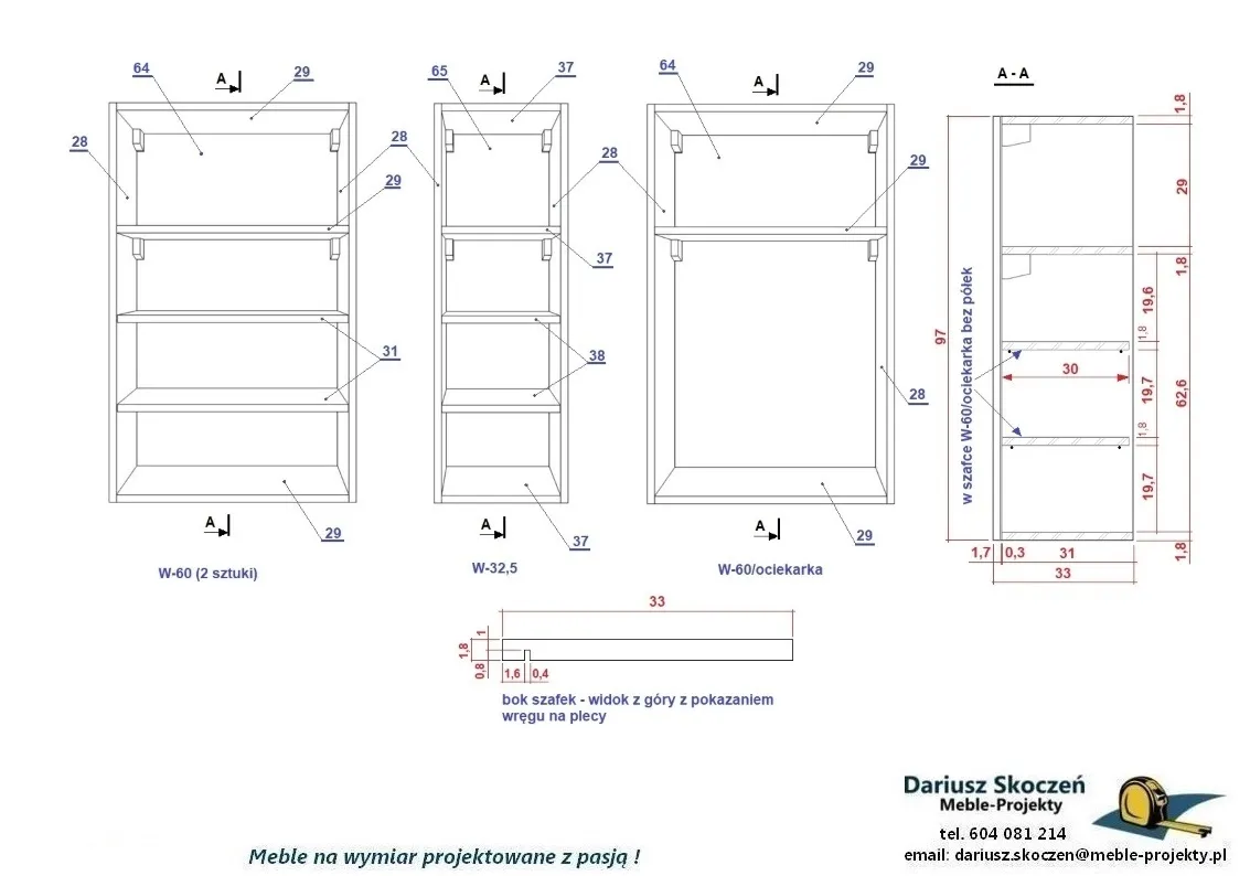 projekt szafki DIY, schemat wymiarowania mebli