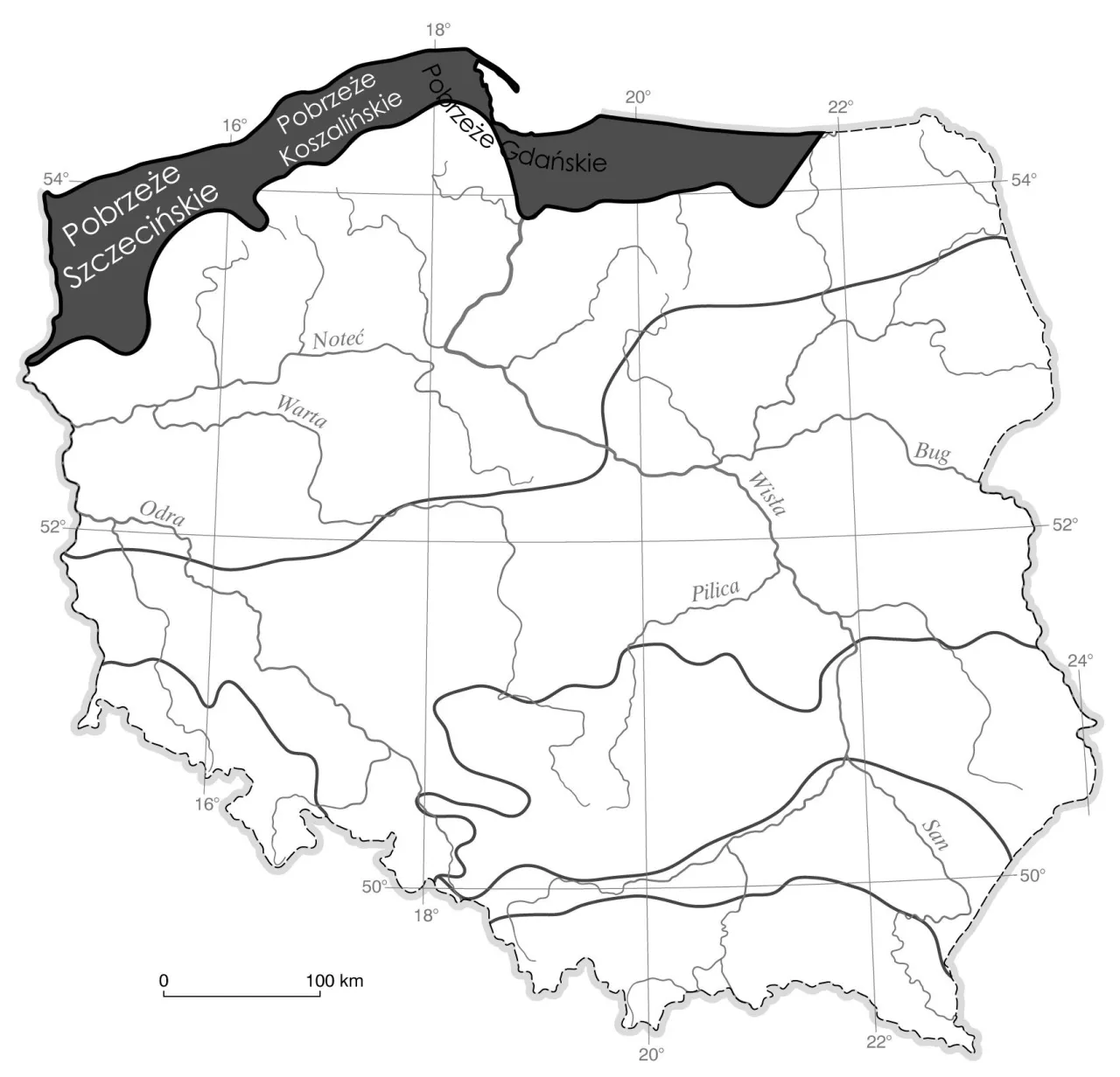 Mapa Polski z zaznaczonym wybrzeżem i różnymi typami zakwaterowania