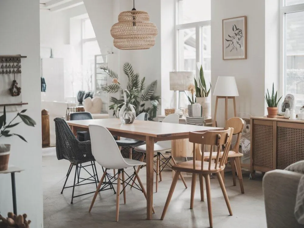 Eklektyczna jadalnia z dębowym stołem i r&oacute;żnymi krzesłami