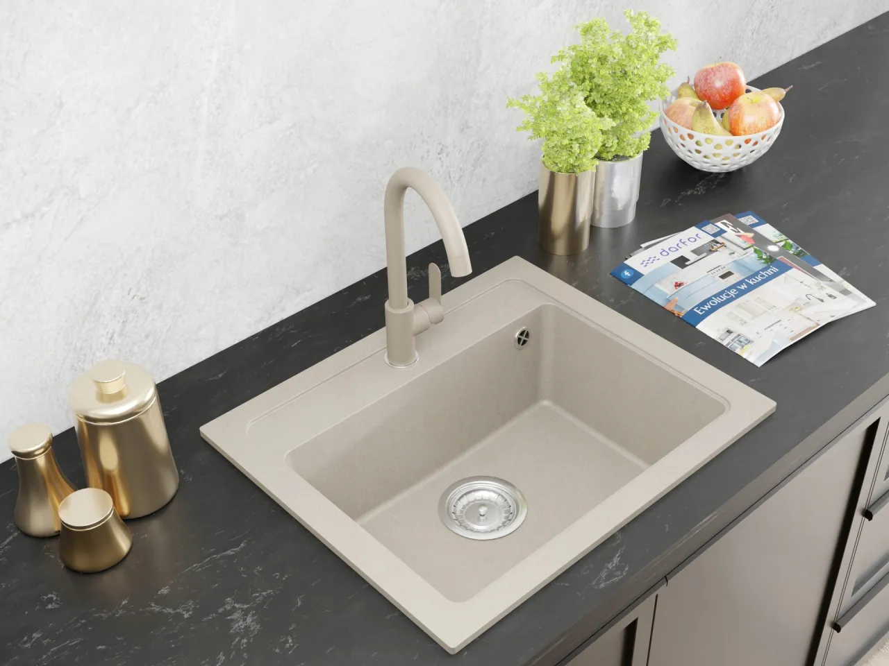 Beżowy zlew granitowy w nowoczesnej kuchni