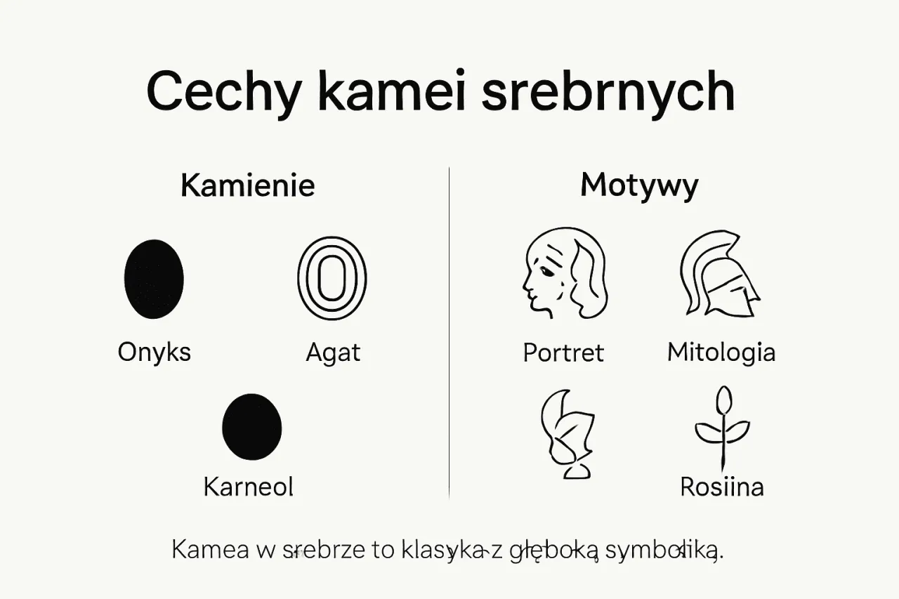 Cechy kamei: kamienie (onyks, agat, karneol) i motywy (portret, mitologia, roślina). Kamea w srebrze to klasyka.