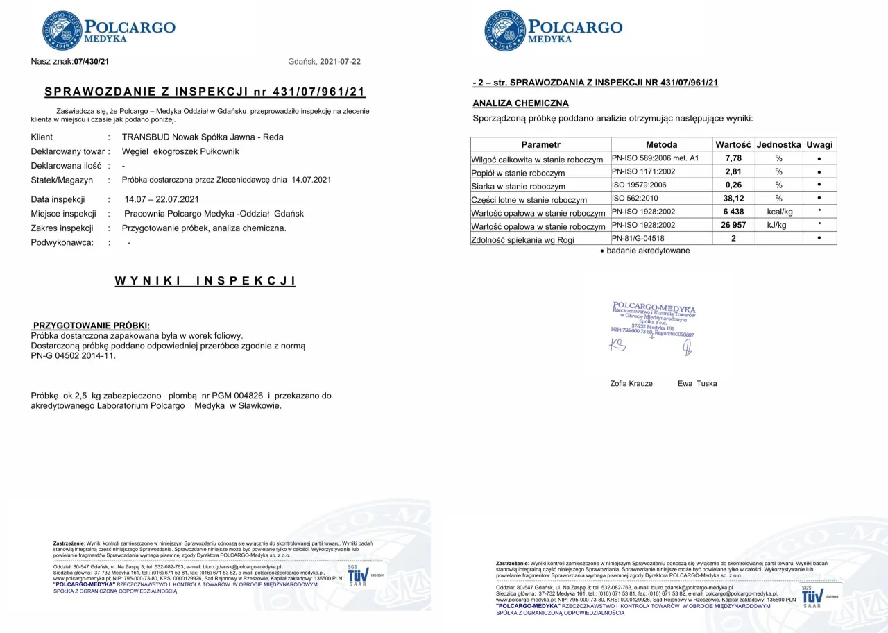 Raport z badań ekogroszku: wilgotność 7,78%, popi&oacute;ł 2,81%, siarka 0,26%. Wartość opałowa 26 957 kJ/kg.