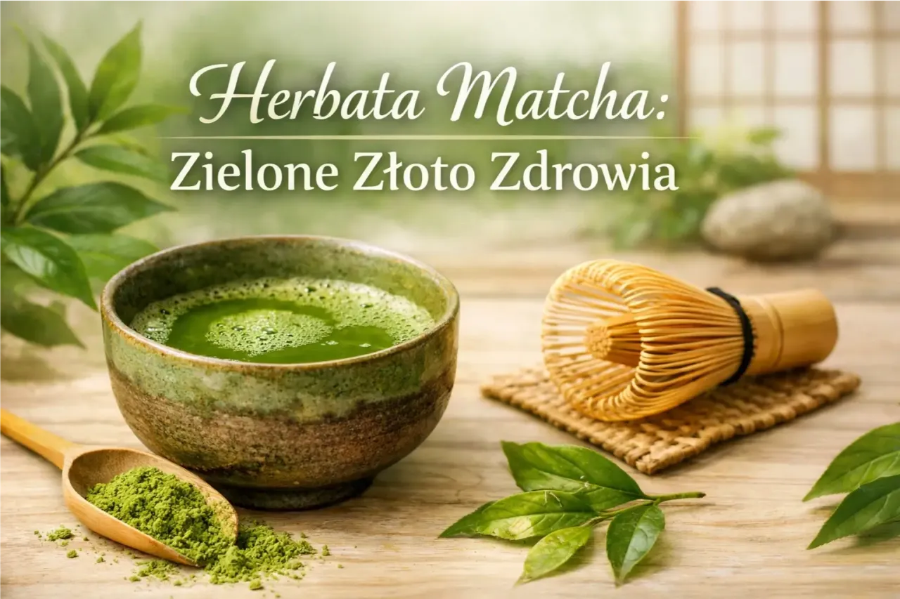 Zielone złoto zdrowia: miseczka z naparem matcha, obok bambusowa miotełka i łyżka z proszkiem.