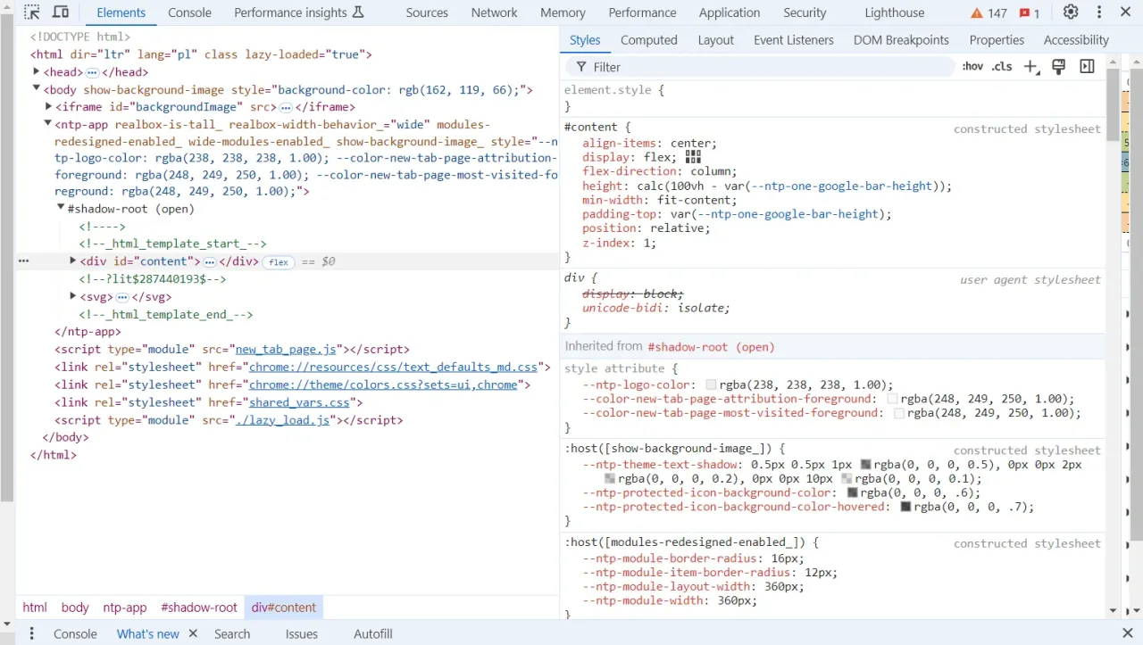 Narzędzie deweloperskie pokazuje, jak podłączyć CSS do HTML przez tag `<link rel=