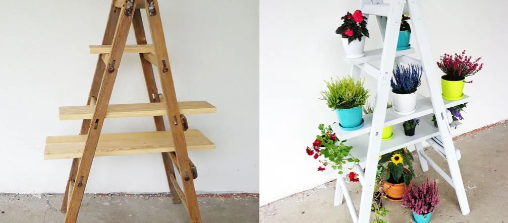 montaż p&oacute;łek na drabinie kwietnik DIY