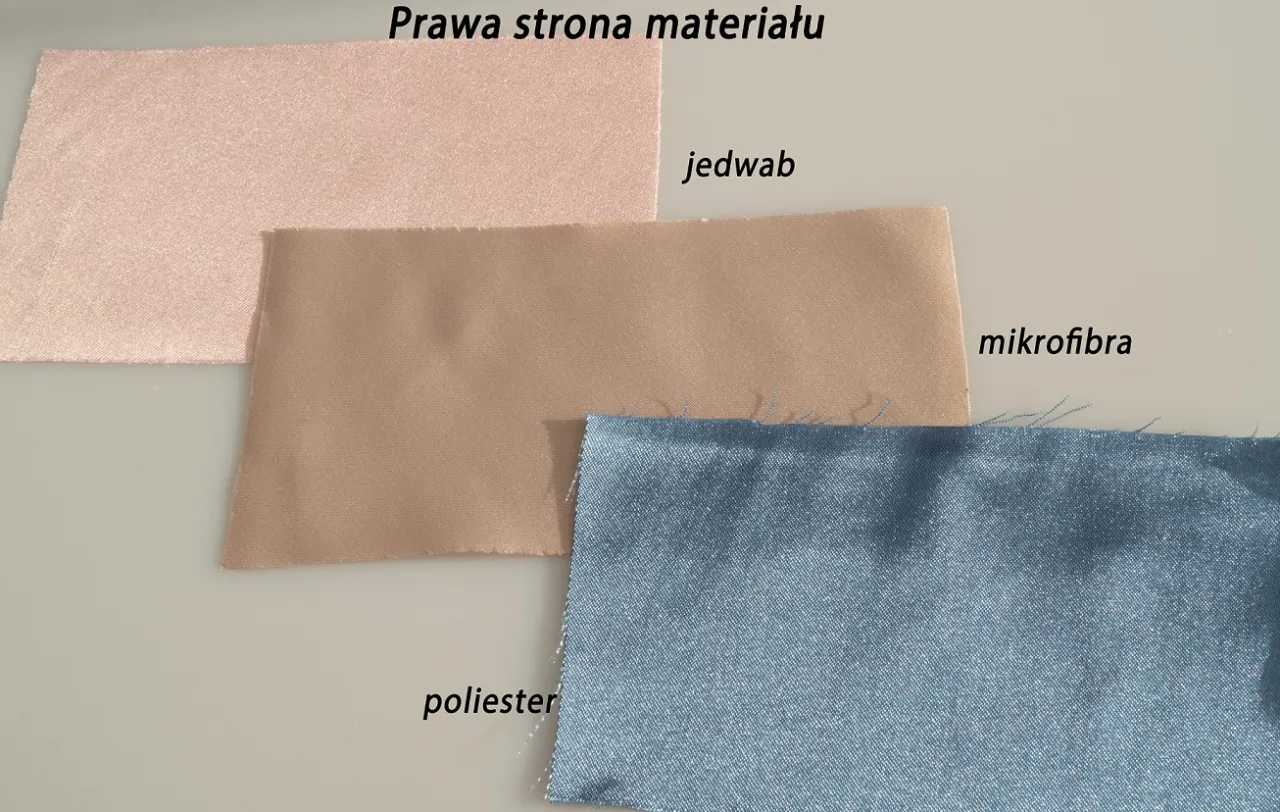 Trzy pr&oacute;bki materiał&oacute;w: r&oacute;żowy jedwab, beżowa mikrofibra i niebieski poliester.