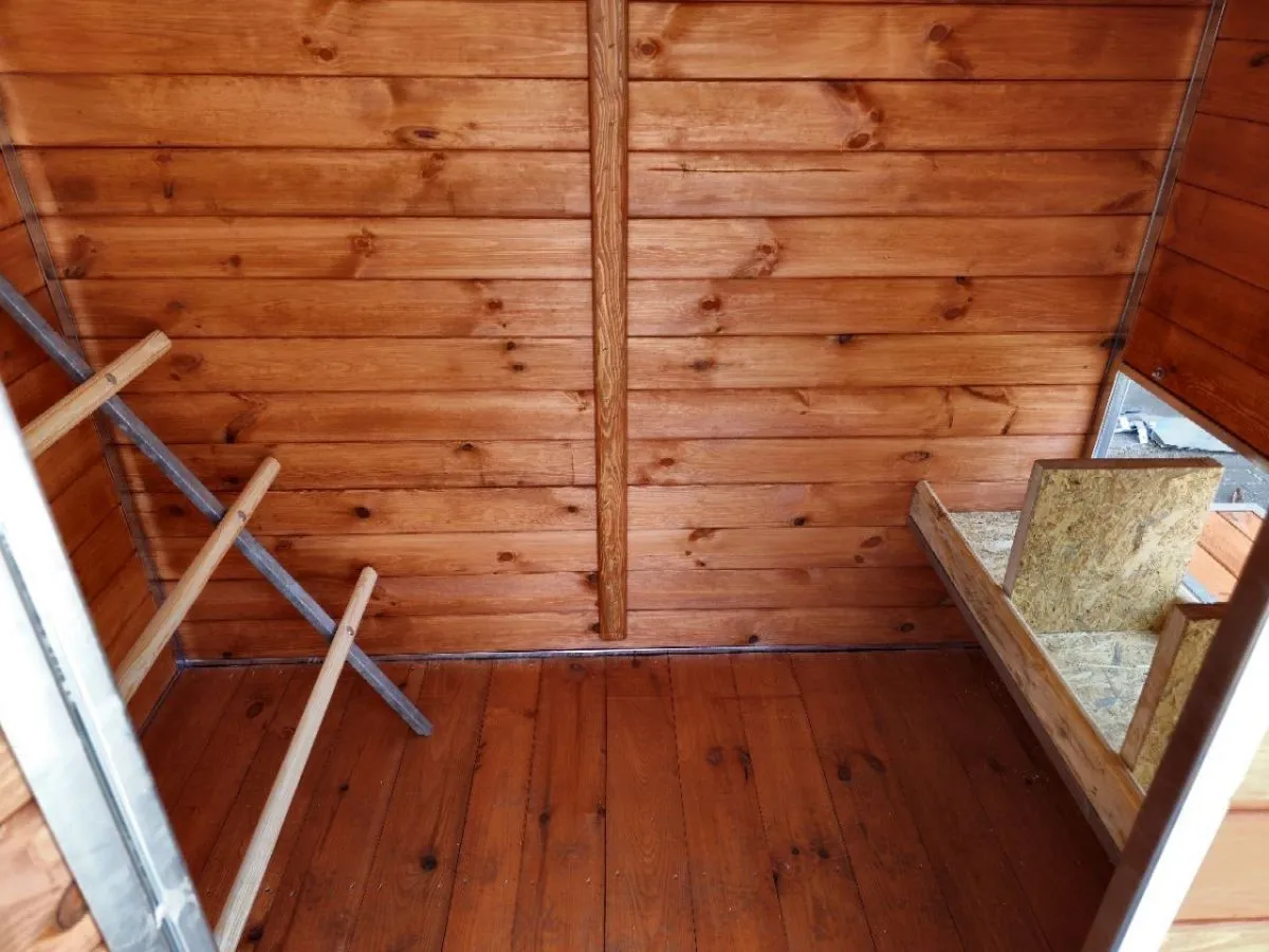 Wnętrze kurnika na 30 kur, projekt z drewnianymi ścianami i podłogą, z drabiną i gniazdami.