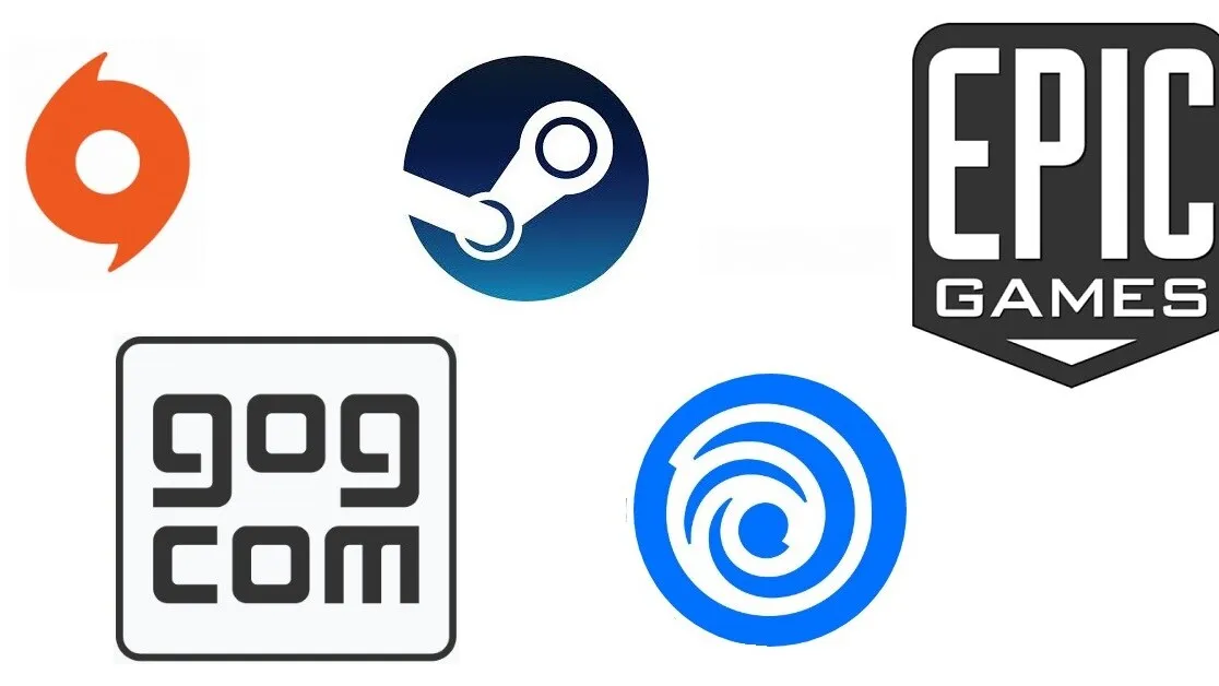 Loga platform dystrybucji gier PC (Steam, Epic Games Store, GOG, EA App, Ubisoft Connect)