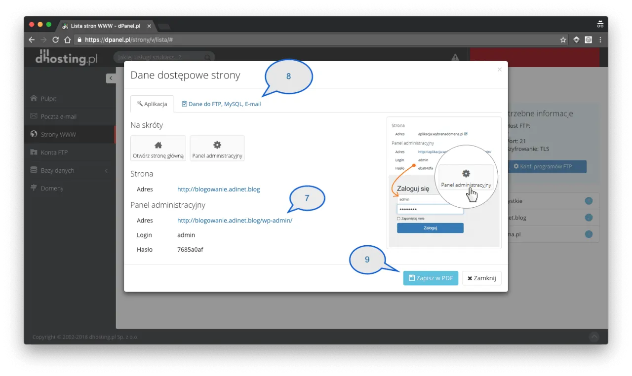 Panel administracyjny WordPress. Kliknij 
