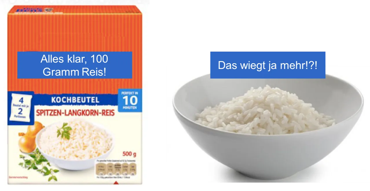 Gegen&uuml;berstellung von gekochten Nudeln und Reis auf einem Teller