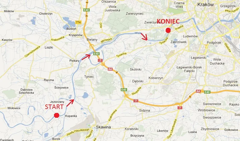 mapa tras kajakowych Małopolska