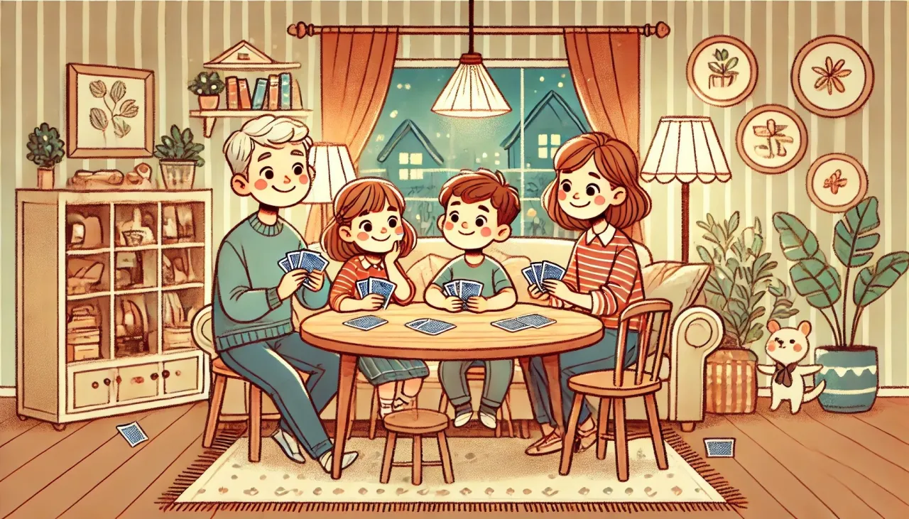 rodzina grająca w karty, dzieci i dorośli grający w gry karciane, rodzinny wieczór z grami