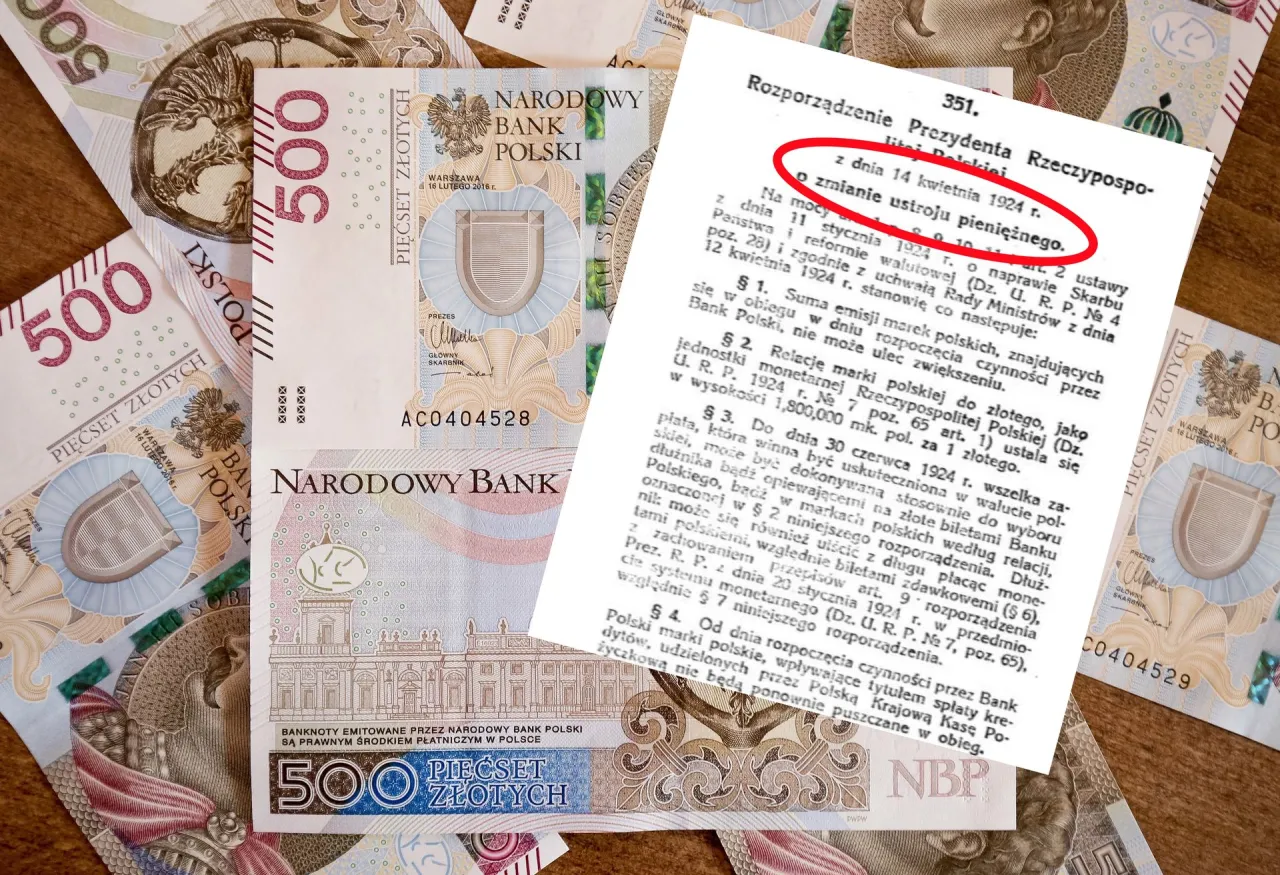 Na zdjęciu polskie banknoty 500 złotych. Dokument z 1924 r. wspomina o zmianie ustroju pieniężnego, kiedy to polskie marki zastępowano złotem.