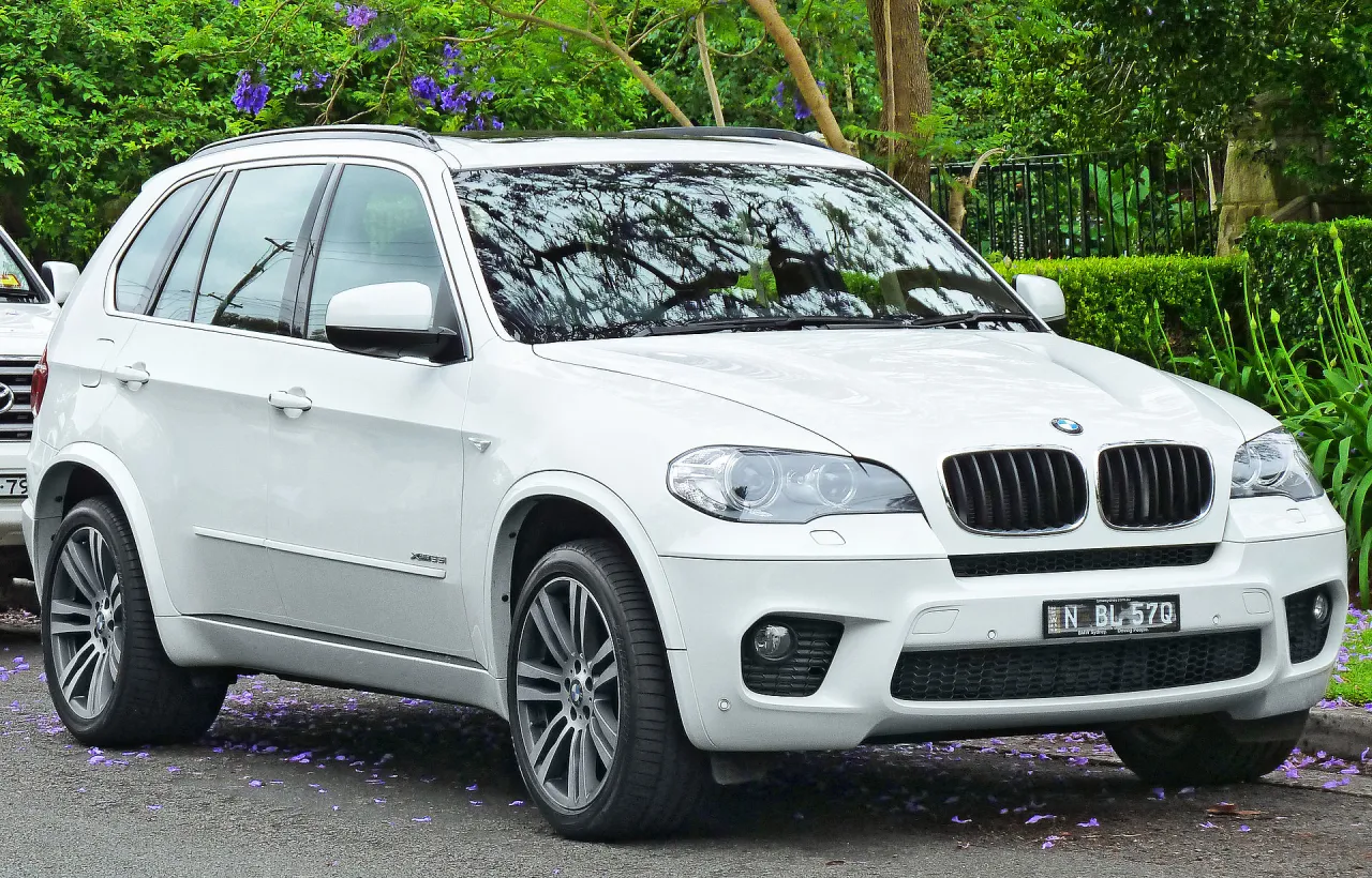 Białe BMW X5 na tle zieleni. Wiele os&oacute;b szuka bmw x5 opinie, by podjąć decyzję o zakupie.