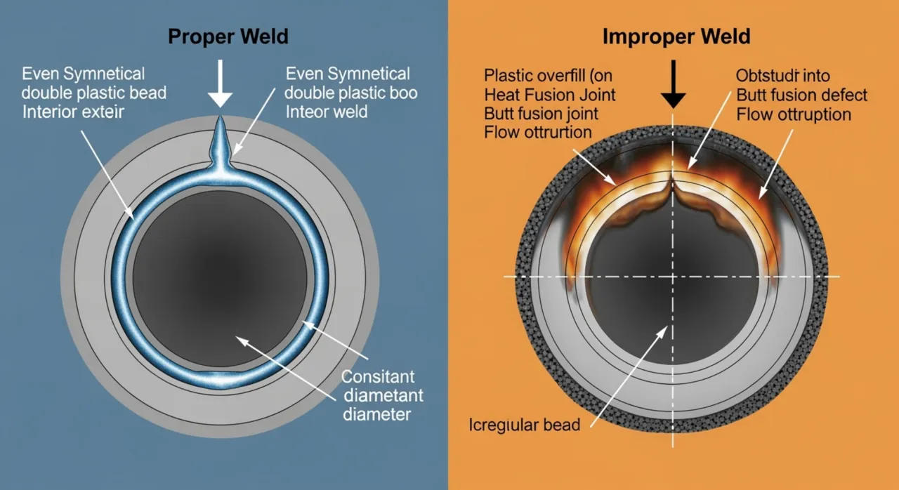 Por&oacute;wnanie prawidłowego i nieprawidłowego zgrzewu rur PP do ciepłej wody. Prawidłowy zgrzew ma r&oacute;wnomierny, symetryczny ścieg, a nieprawidłowy jest wadliwy.