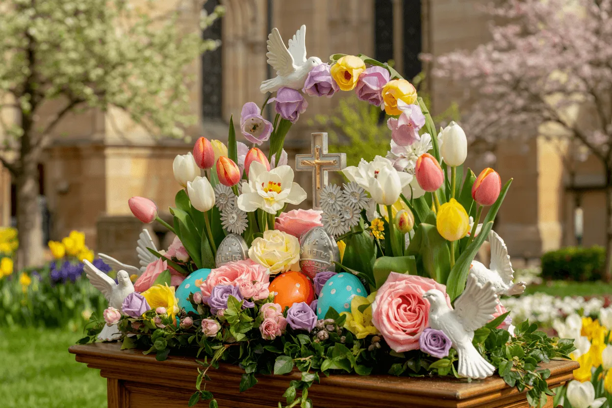 Wielkanocna dekoracja ołtarza: kosz pełen tulipanów, żonkili, róż, gołębi i ozdobnych jajek, z krzyżem pośrodku.