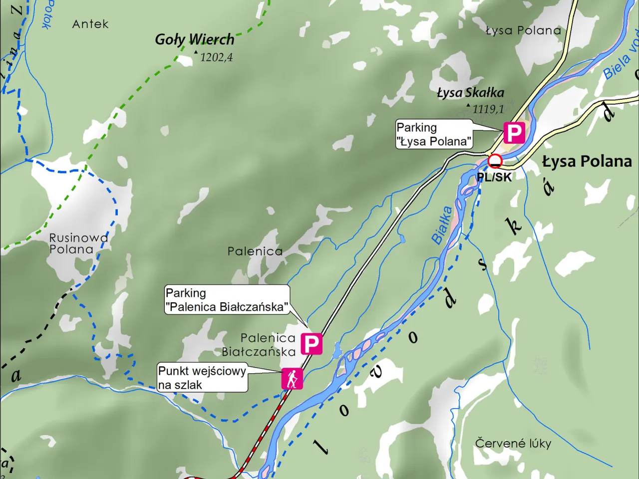Mapa turystyczna z zaznaczonymi parkingami, w tym parkingiem
