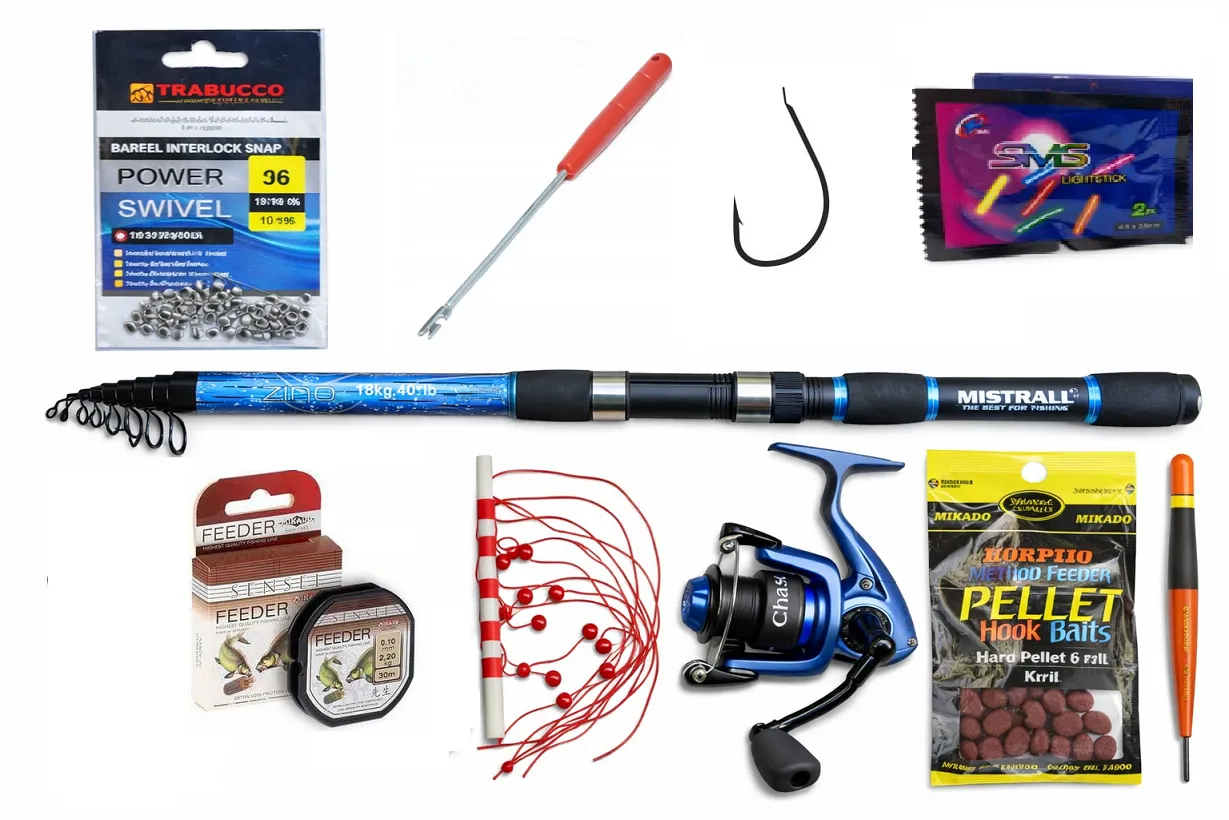Zestaw wędkarski: wędka, kołowrotek, haczyki, żyłka, spławik, ciężarki i inne akcesoria. Sprawdź, ile kosztuje wędka i cały zestaw.