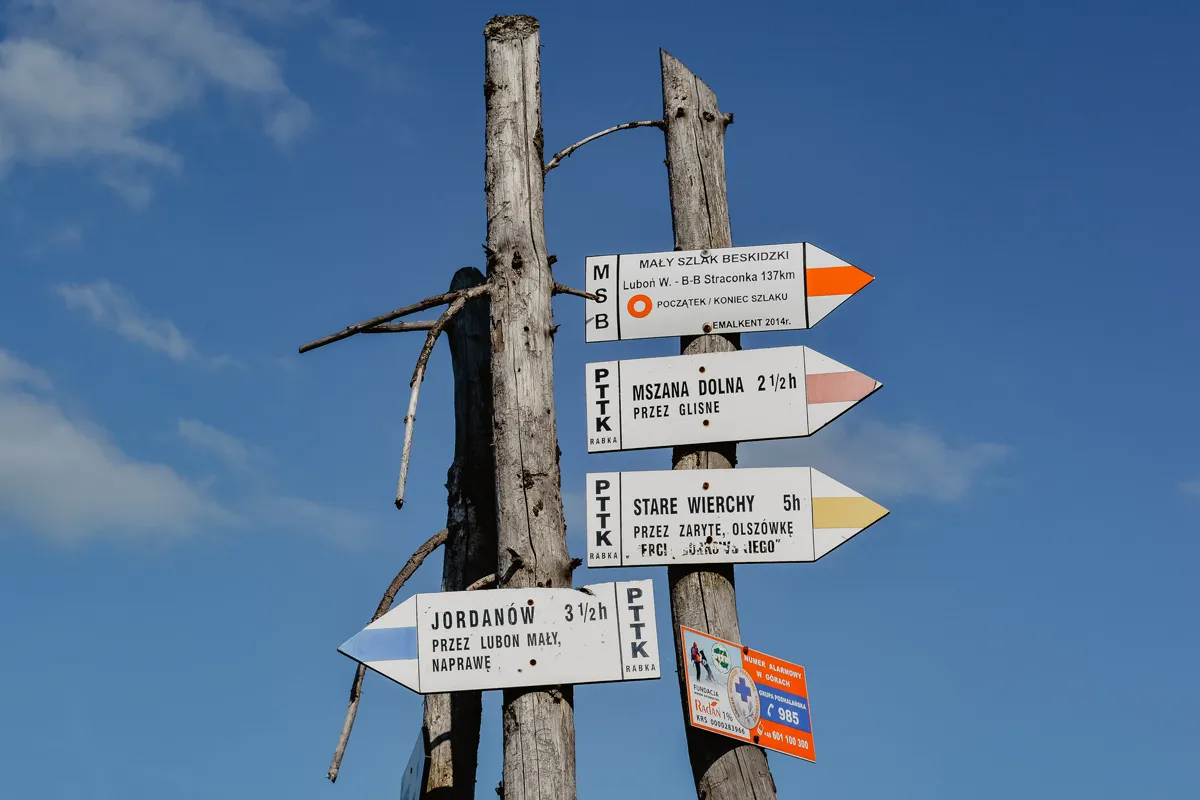 Mapa Gł&oacute;wnego Szlaku Beskidzkiego z zaznaczonymi pasmami g&oacute;rskimi