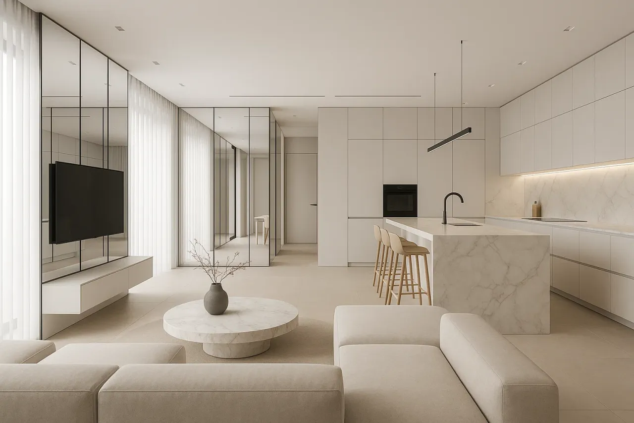 małe mieszkanie jasne kolory lustra