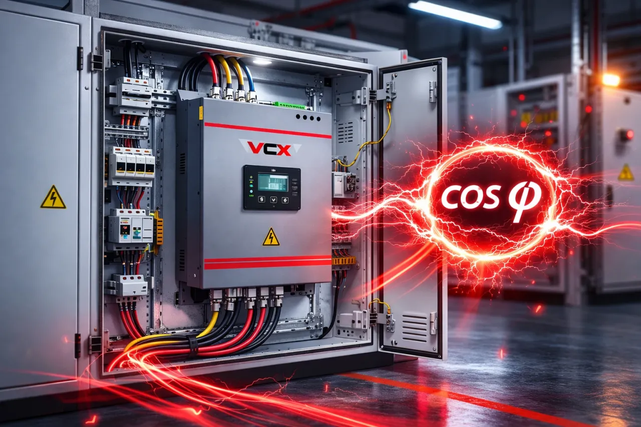 Wnętrze szafy elektrycznej z urządzeniem VCX i efektami świetlnymi symbolizującymi cos φ.