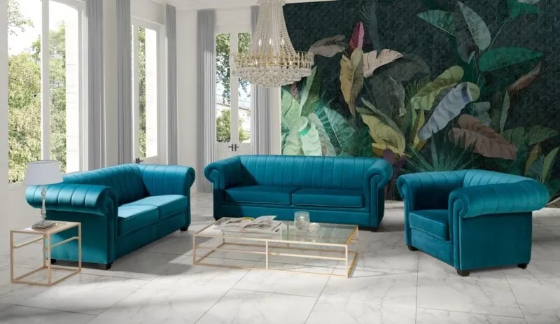turkusowa kanapa w stylu glamour