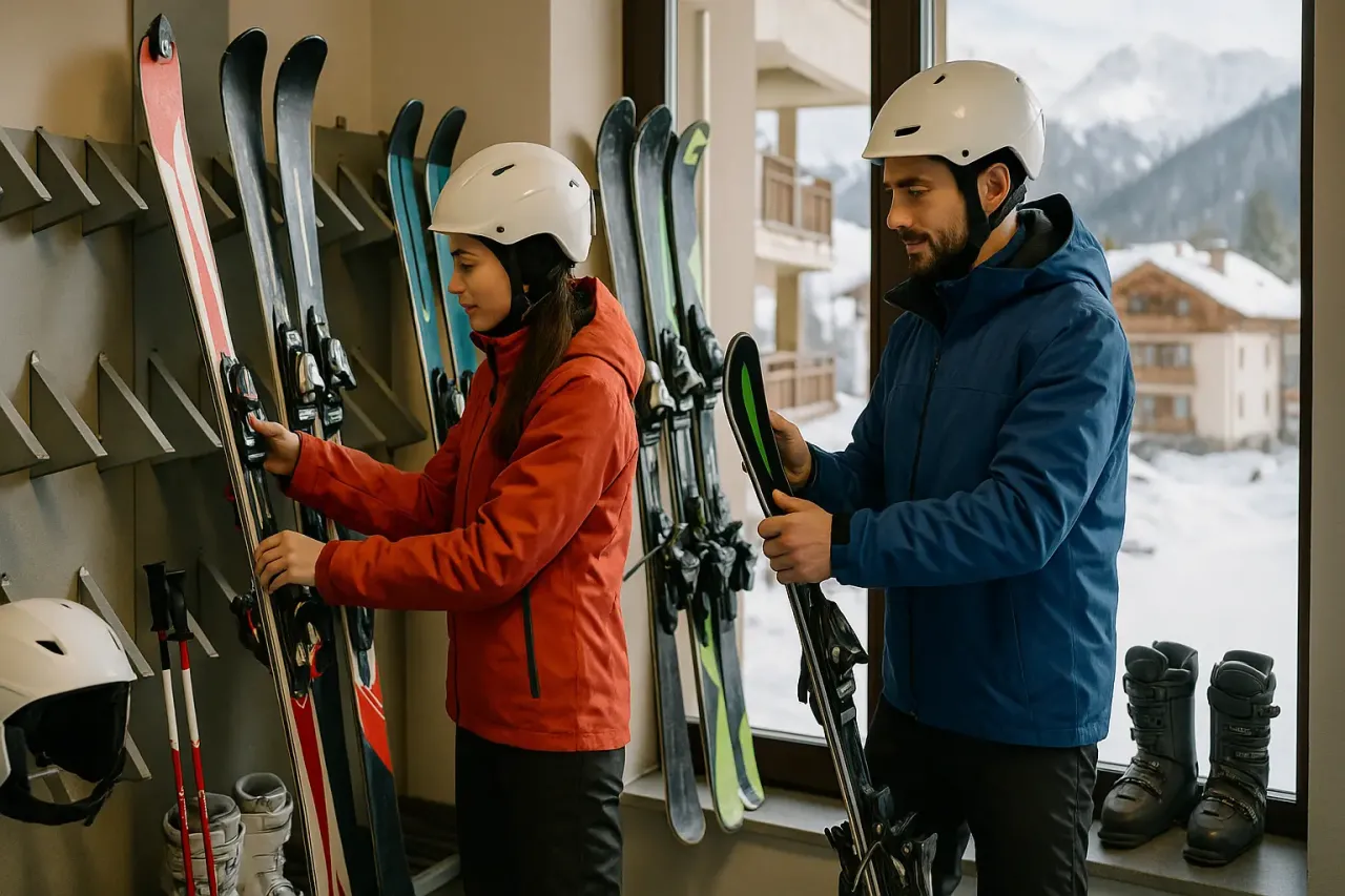 Para przygotowuje się do zjazdu. Mężczyzna i kobieta w kaskach wybierają narty. W tle g&oacute;ry i domki.