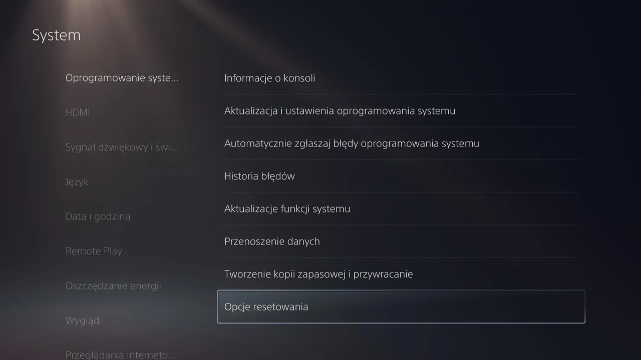 Menu ustawień PlayStation 5 reset konsoli