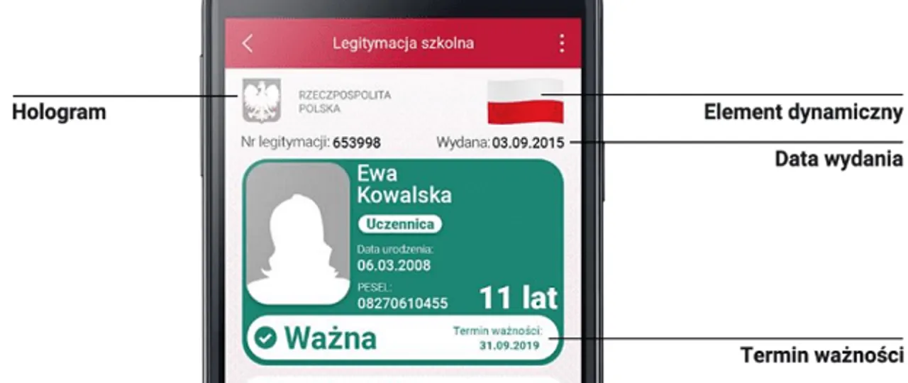 Aplikacja mobilna z legitymacją szkolną Ewy Kowalskiej. Informacje o tym, ile kosztuje wyrobienie nowej legitymacji szkolnej, nie są widoczne.