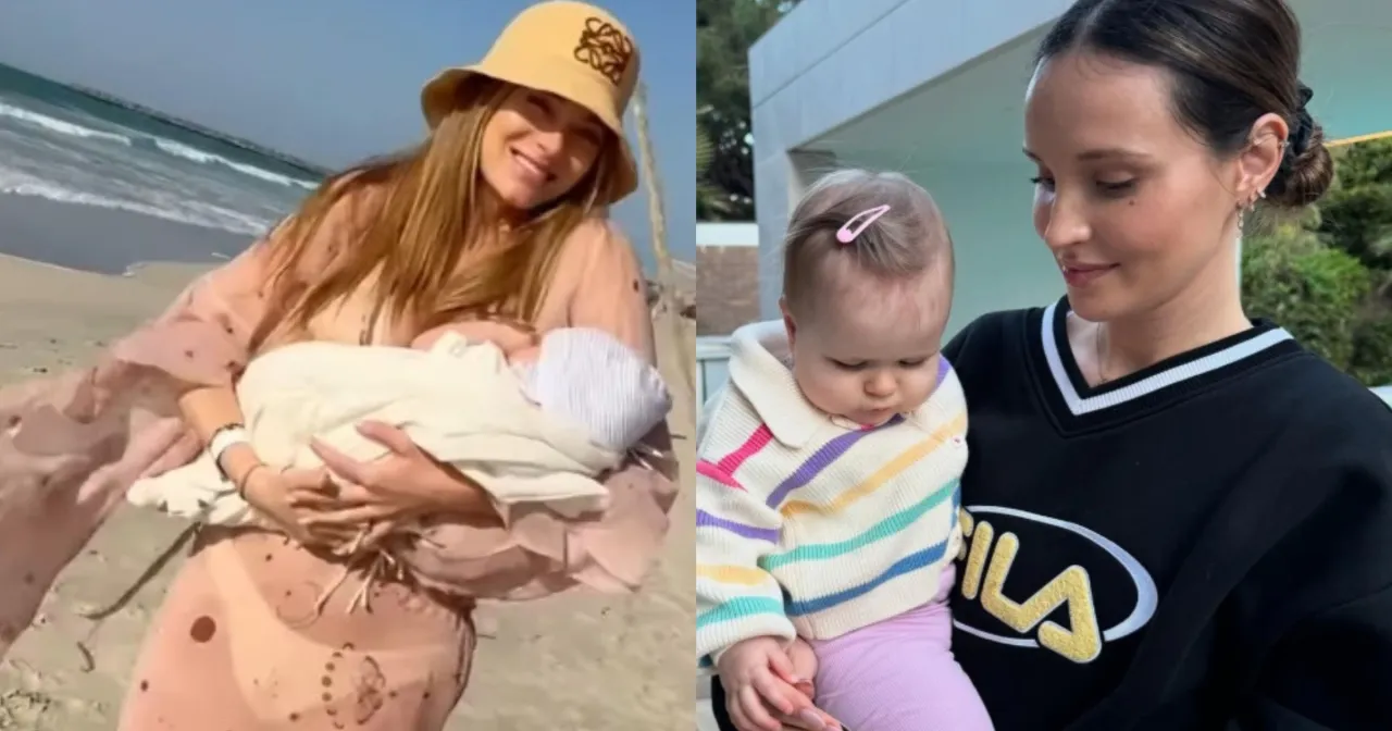 Najdziwniejsze imiona dzieci polskich celebrytów i ich znaczenie. Na zdjęciu dwie kobiety z dziećmi, jedna na plaży, druga w domu.