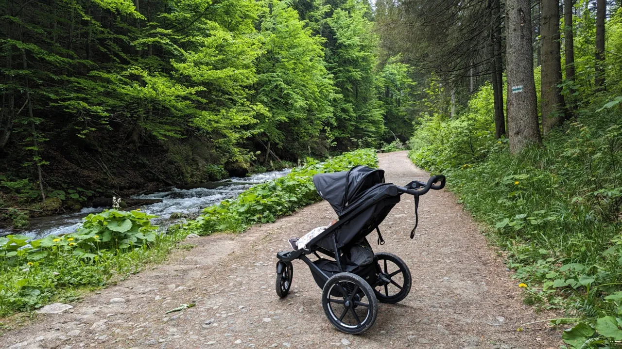 W&oacute;zek czeka na ścieżce w g&oacute;rskim lesie, gotowy na wyprawę, gdzie w g&oacute;ry z dzieckiem w w&oacute;zku to czysta przyjemność.