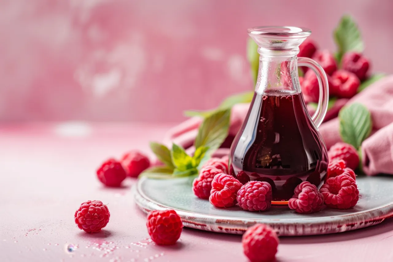 Szklana karafka z ciemnoczerwonym sokiem z malin, otoczona świeżymi malinami i listkami mięty. Idealny przepis na sok z malin na surowo.