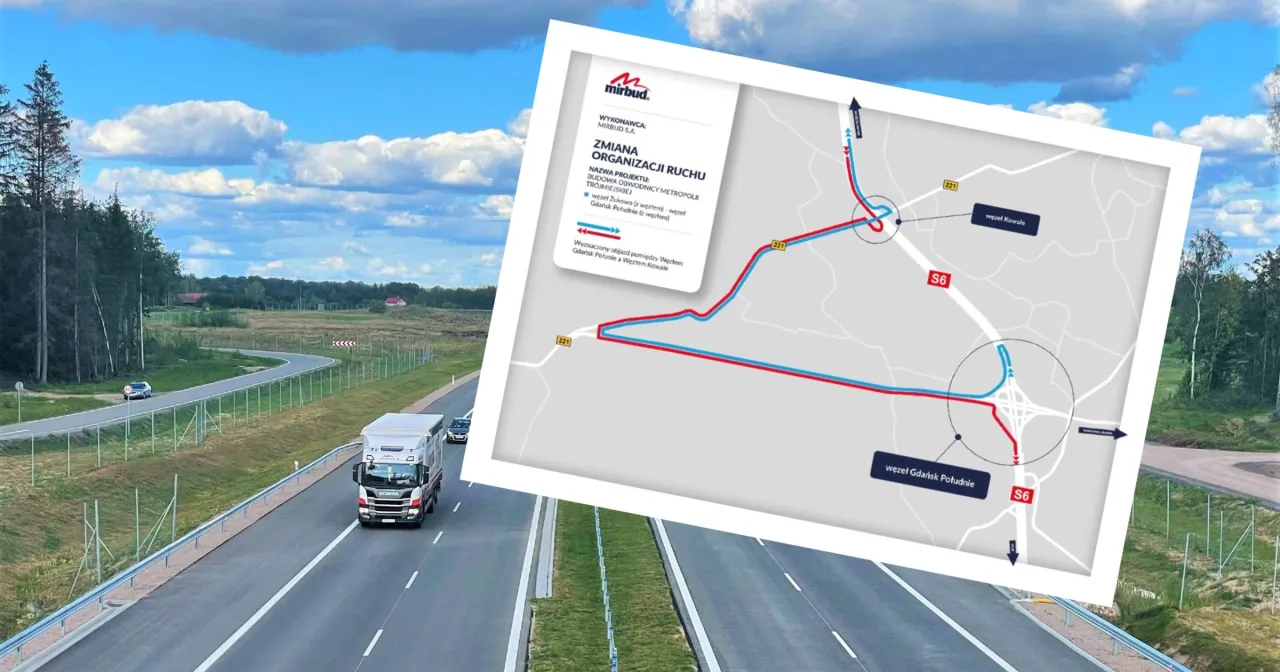 Utrudnienia na S6 dzisiaj. Mapa pokazuje objazd budowy obwodnicy metropolii tr&oacute;jmiejskiej. Ciężar&oacute;wka i samoch&oacute;d jadą drogą.